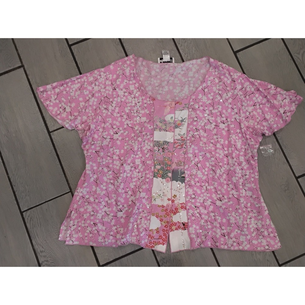 We-Be-Bop Pink Cherry Blossom Crane Sequin Button Up Top 4X Rayon
